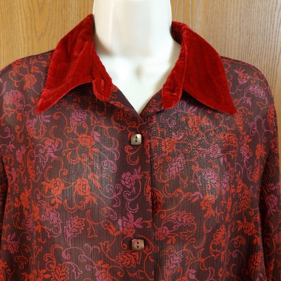 JH Collectibles Tops - + Red Floral Sheer Top with Velvet Trim